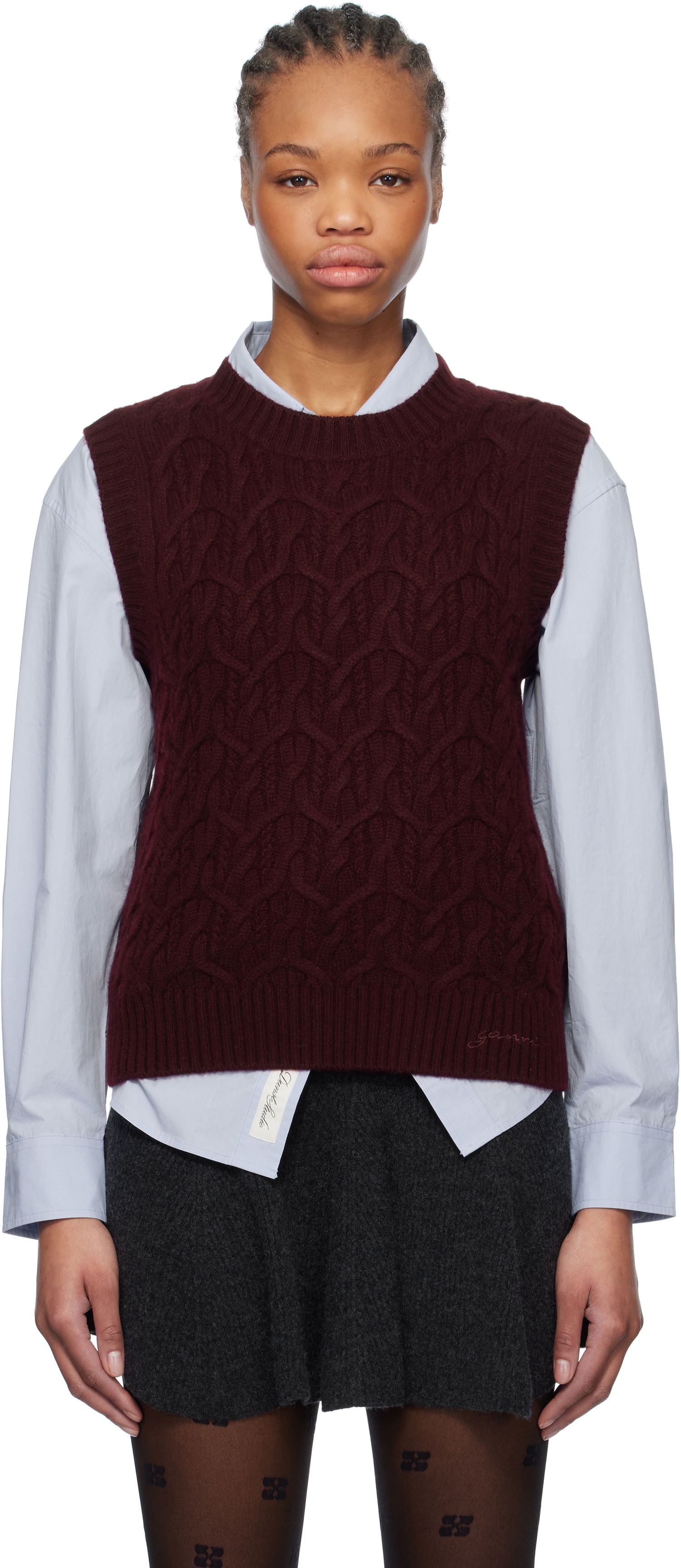 Sveter GANNI GANNI Wool Cashmere Cable Knit Vest Vínová | K2350, 0