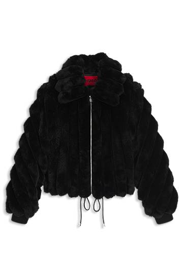 Bunda BOSS Cropped Faux-Fur Jacket with Adjustable Drawstring Hem and Full Zip Čierna | 50546815