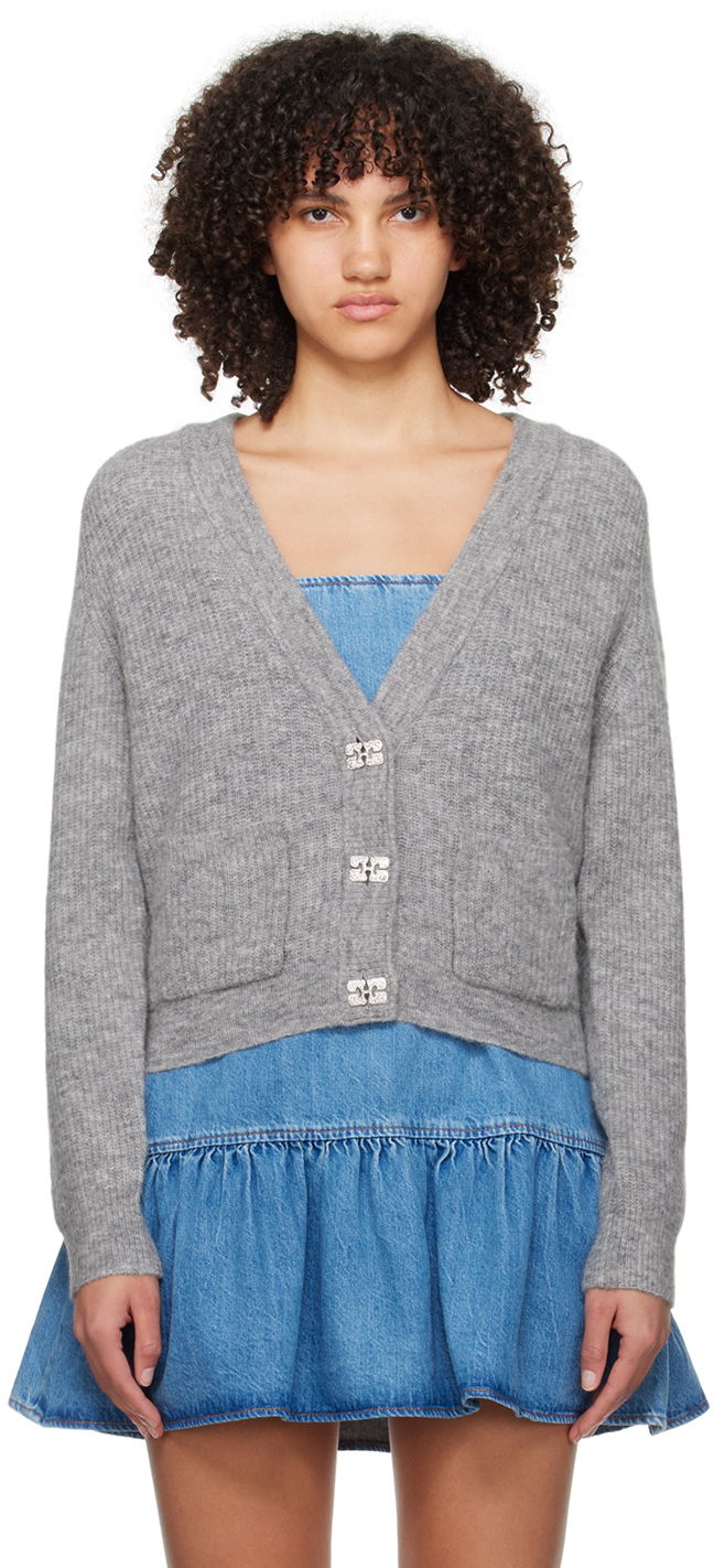 Sveter GANNI GANNI Crystal-Embellished Cardigan Šedá | K2168, 0