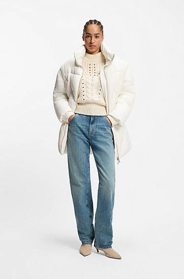 Prešívaná bunda BOSS High-Neck Water-repellent Quilted Puffer Jacket with Belt Biela | 50547306, 1
