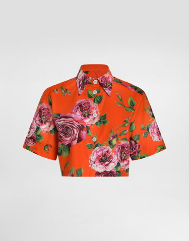 Košeľa Dolce & Gabbana Dolce & Gabbana Cropped Cotton Shirt with Rose Print Oranžová | F5Q20THS5TIHO5JA, 0