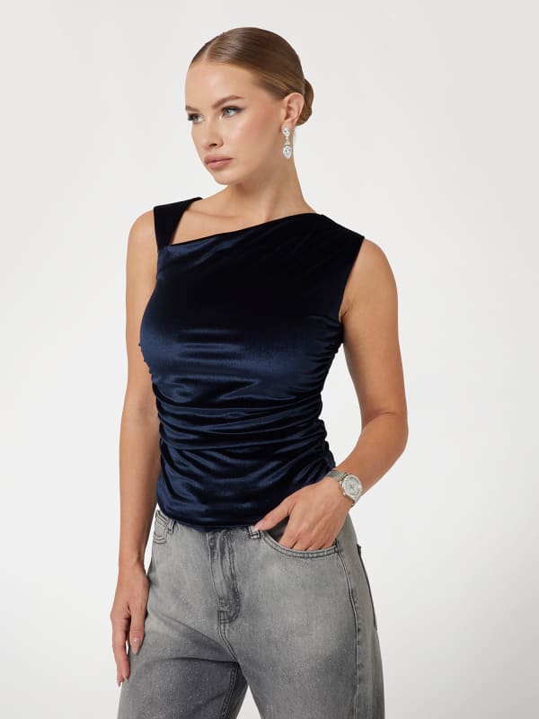 Asymmetric Neck Velour Top