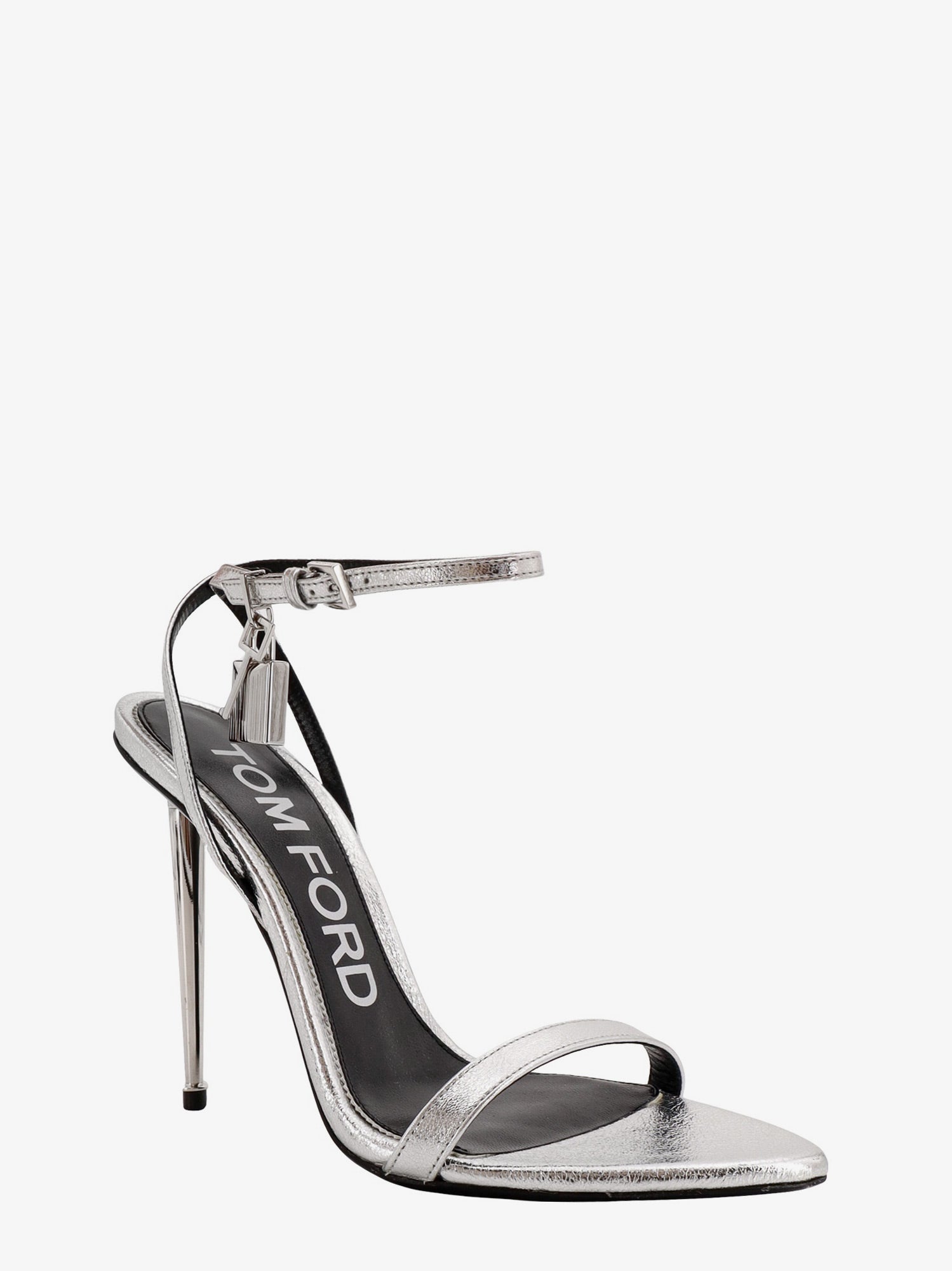 Metallic Leather Padlock Stiletto Sandals