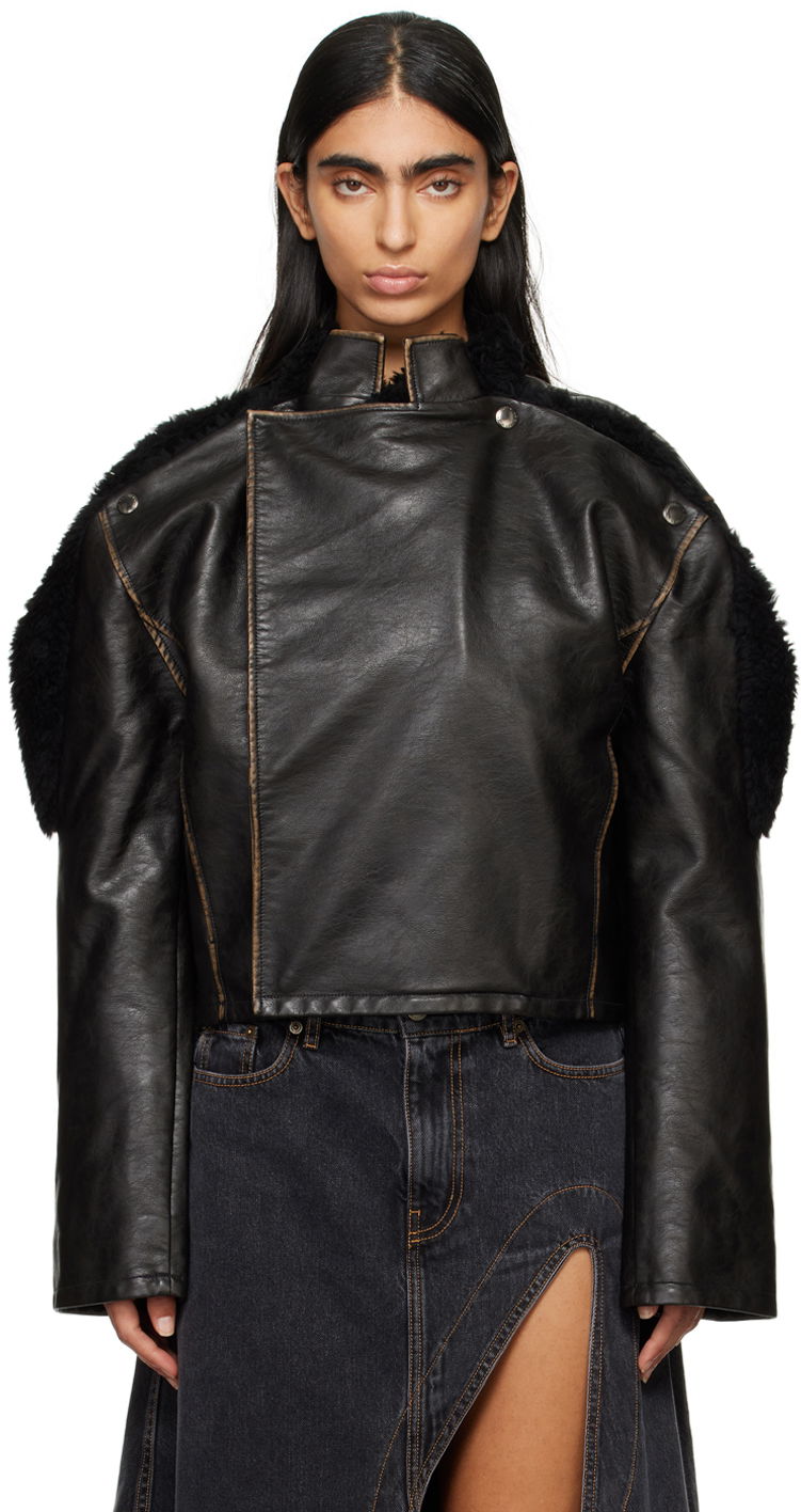 Bunda Y/PROJECT Brown Collapsed Shoulder Faux-Leather Jacket Čierna | 109JA001, 0