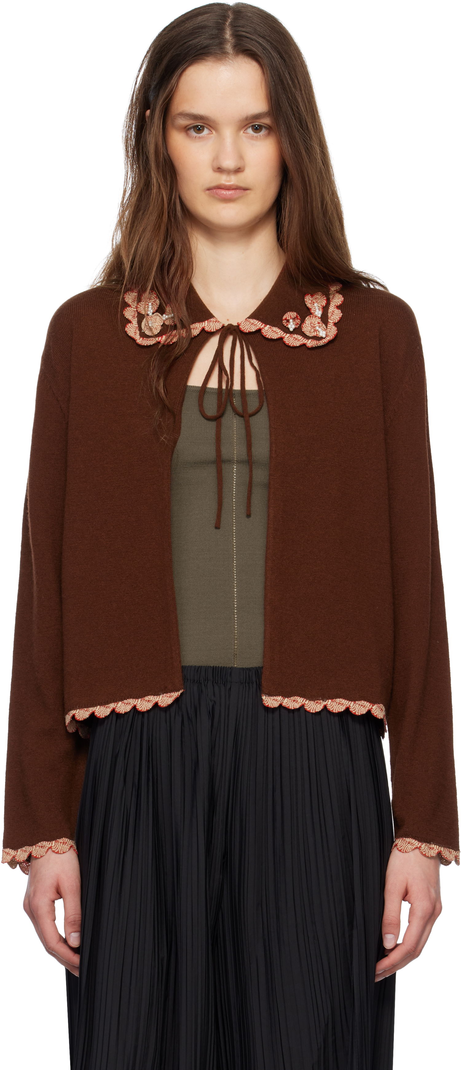 Sveter Bode Bode Rookie Embroidered Scalloped Cardigan Hnedá | WRS25KT021, 0