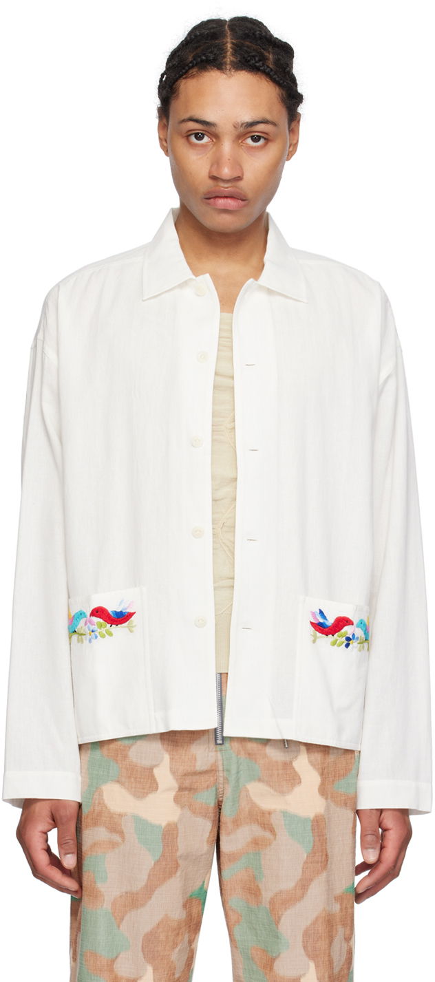Košeľa YMC Embroidered Linen Shirt Biela | P2WAE, 0