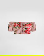 Rose Bouquet-print Cotton Off-the-Shoulder Cropped Top with Front Ties