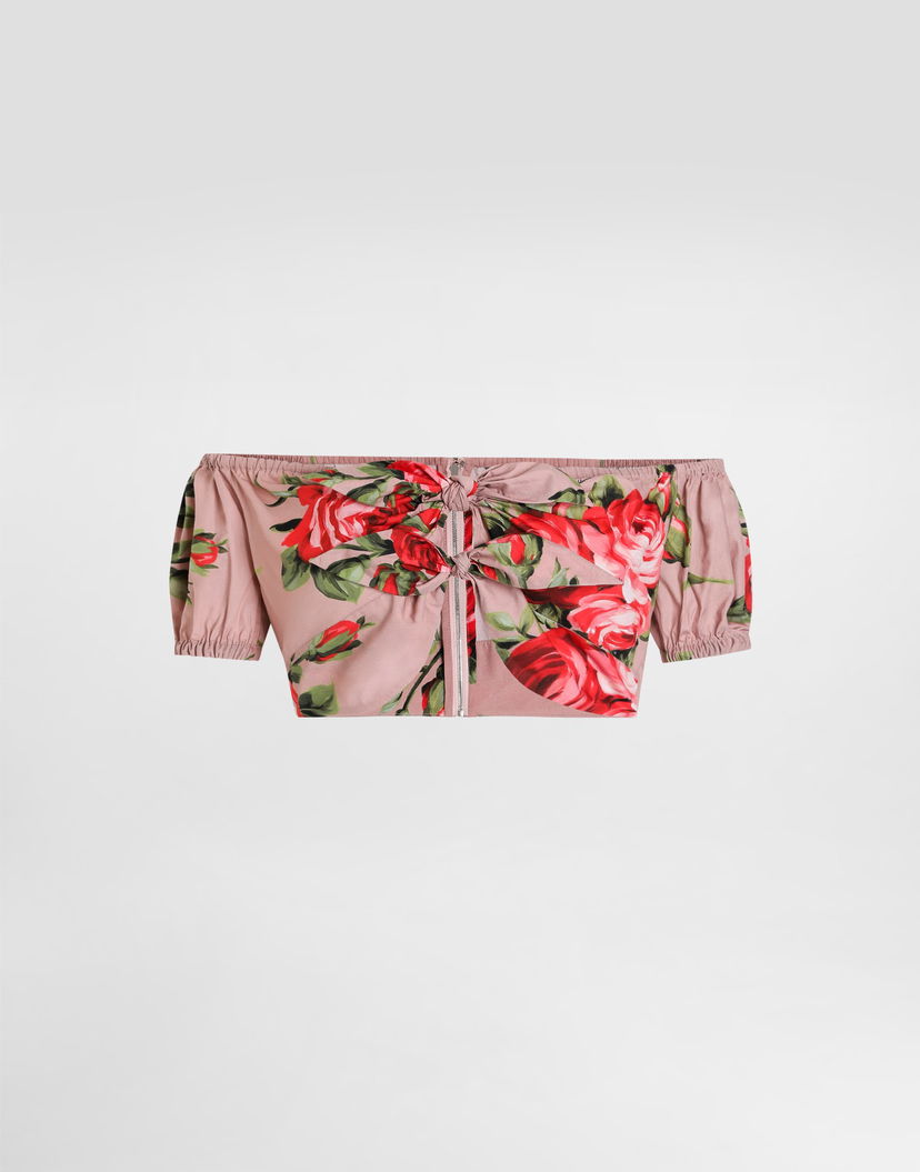 Crop Top Dolce & Gabbana Rose Bouquet-print Cotton Off-the-Shoulder Cropped Top with Front Ties Rôznofarebný | F7AV0THS5UTHF5ZN