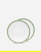 Set of 2 Porcelain Soup Plates With Green Floral Print