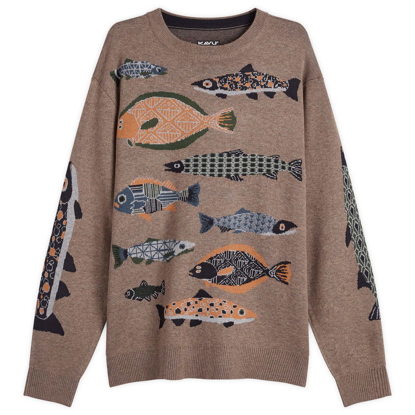 Sveter KAVU Highline Knitted Jumper with Fish Print Hnedá | 5134-2662