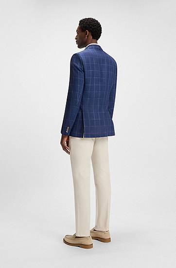 Bunda BOSS BOSS Slim-Fit Checked Linen-Blend Jacket Modrá | 50540502, 1