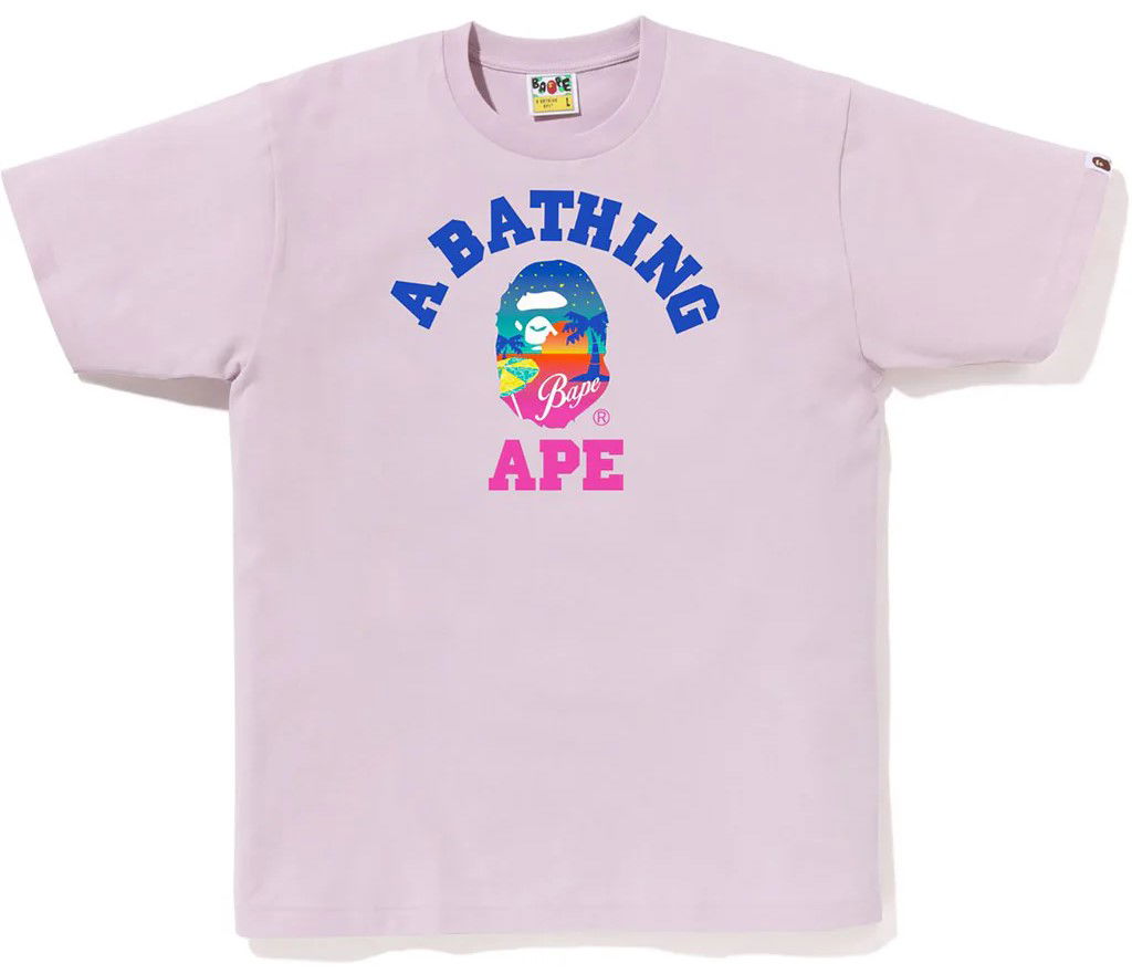 Tričko BAPE A Bathing Ape Sunset Beach College T-Shirt Size L Fialová | 001TEJ301068M-PNK, 0