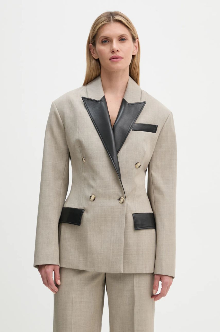 Bunda Nanushka Double Breasted Blazer with Faux Leather Trim Béžová | NW24FWJK36770, 0