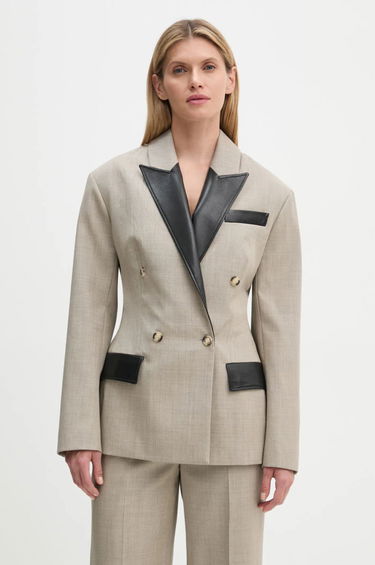 Bunda Nanushka Double Breasted Blazer with Faux Leather Trim Béžová | NW24FWJK36770, 0