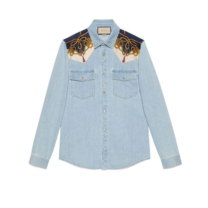 Košeľa Gucci Chain Print Panelled Shirt Light Blue Modrá | 692271 XDBYI 4452