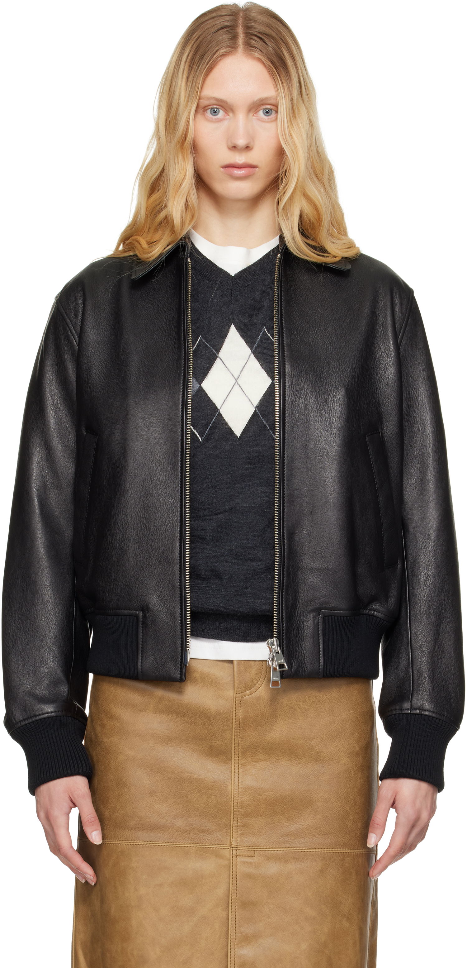 Bomber bunda AMI AMI Paris Zipped Leather Jacket Čierna | UJK078.LH0044, 0