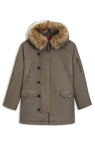 Parka BOSS Water-repellent parka jacket with faux-fur hood Zelené | 50546236