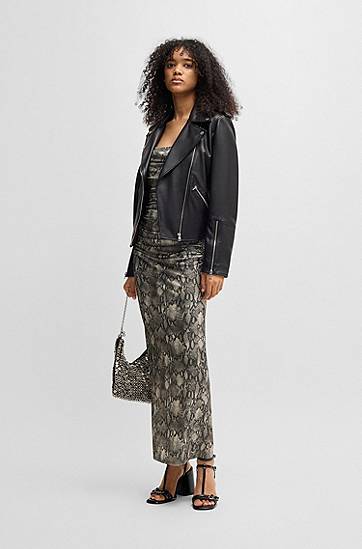 Šaty BOSS Snakeskin Print Ruched Mesh Corset Midi Dress Šedá | 50540915, 1
