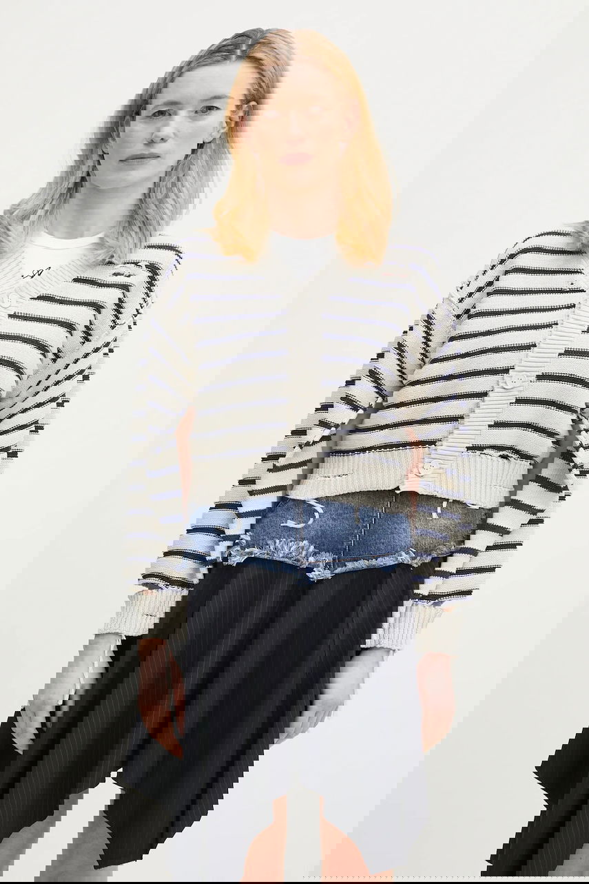 Sveter Maison Margiela Striped Distressed Cotton Cardigan with Cut-Out Sleeves Navy | S52HP0025, 0