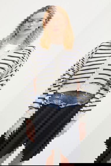 Sveter Maison Margiela Striped Distressed Cotton Cardigan with Cut-Out Sleeves Navy | S52HP0025, 0