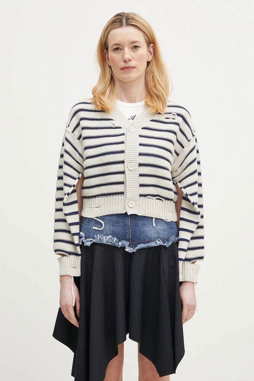 Sveter Maison Margiela Striped Distressed Cotton Cardigan with Cut-Out Sleeves Béžová | S52HP0025