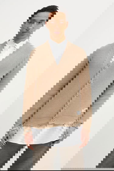 Sveter Maison Margiela Distressed Ribbed Cotton V-Neck Cardigan Béžová | SH0HP0008, 0