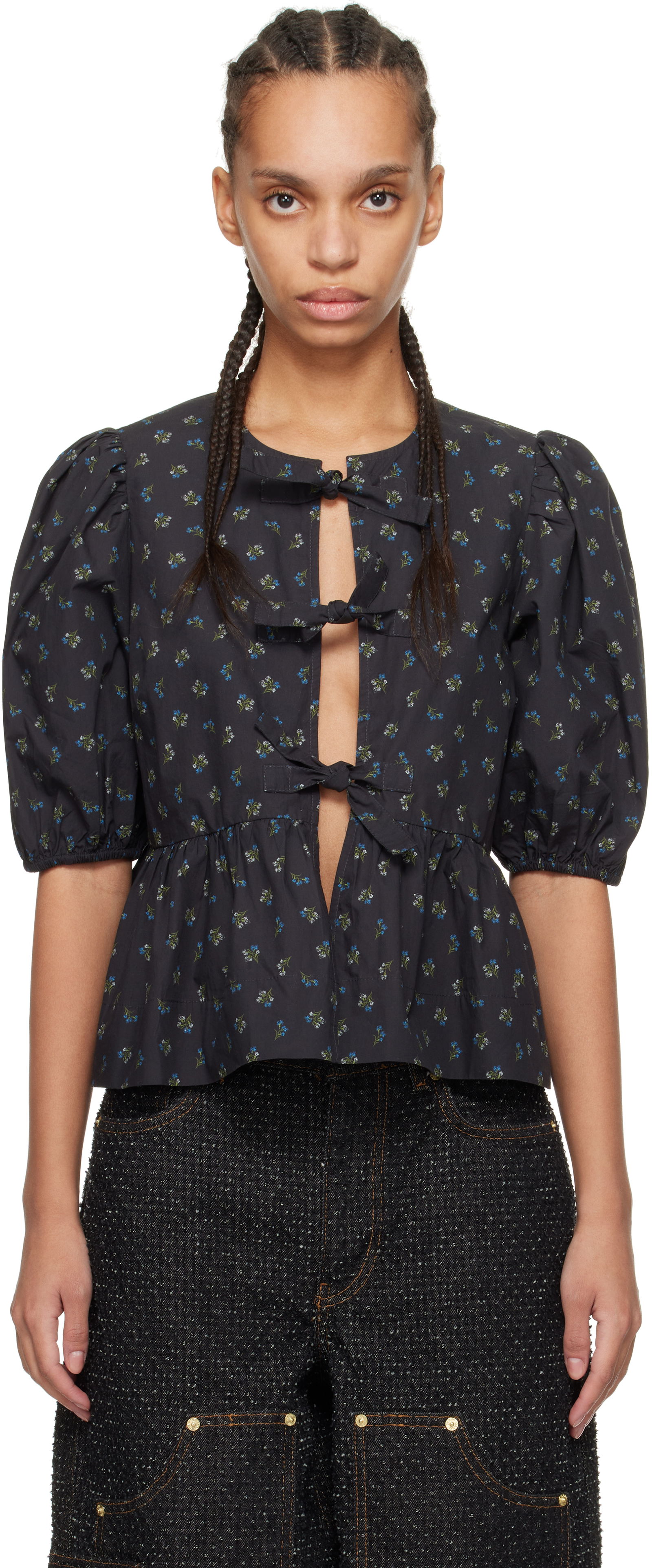 GANNI Printed Cotton Peplum Blouse
