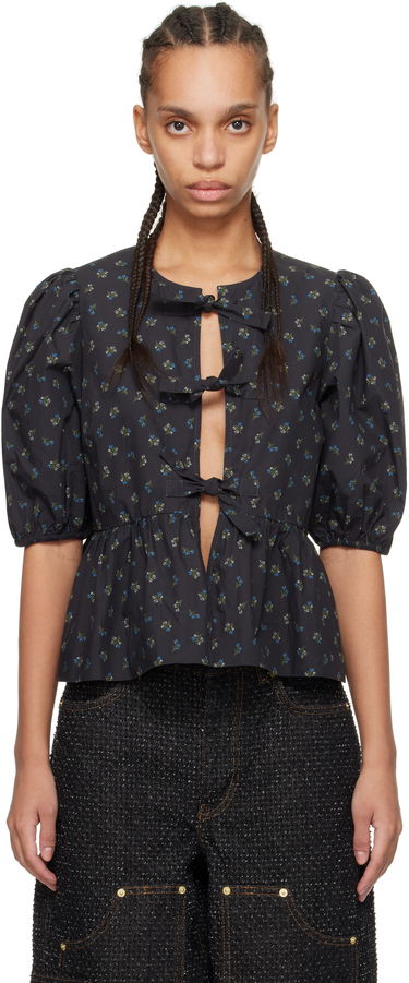 Košeľa GANNI GANNI Printed Cotton Peplum Blouse Čierna | W0152, 0