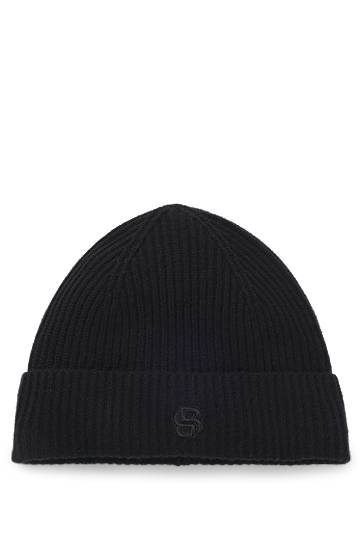 Kulicha BOSS Wool-cashmere ribbed beanie hat with Double B monogram Čierna | 50557673