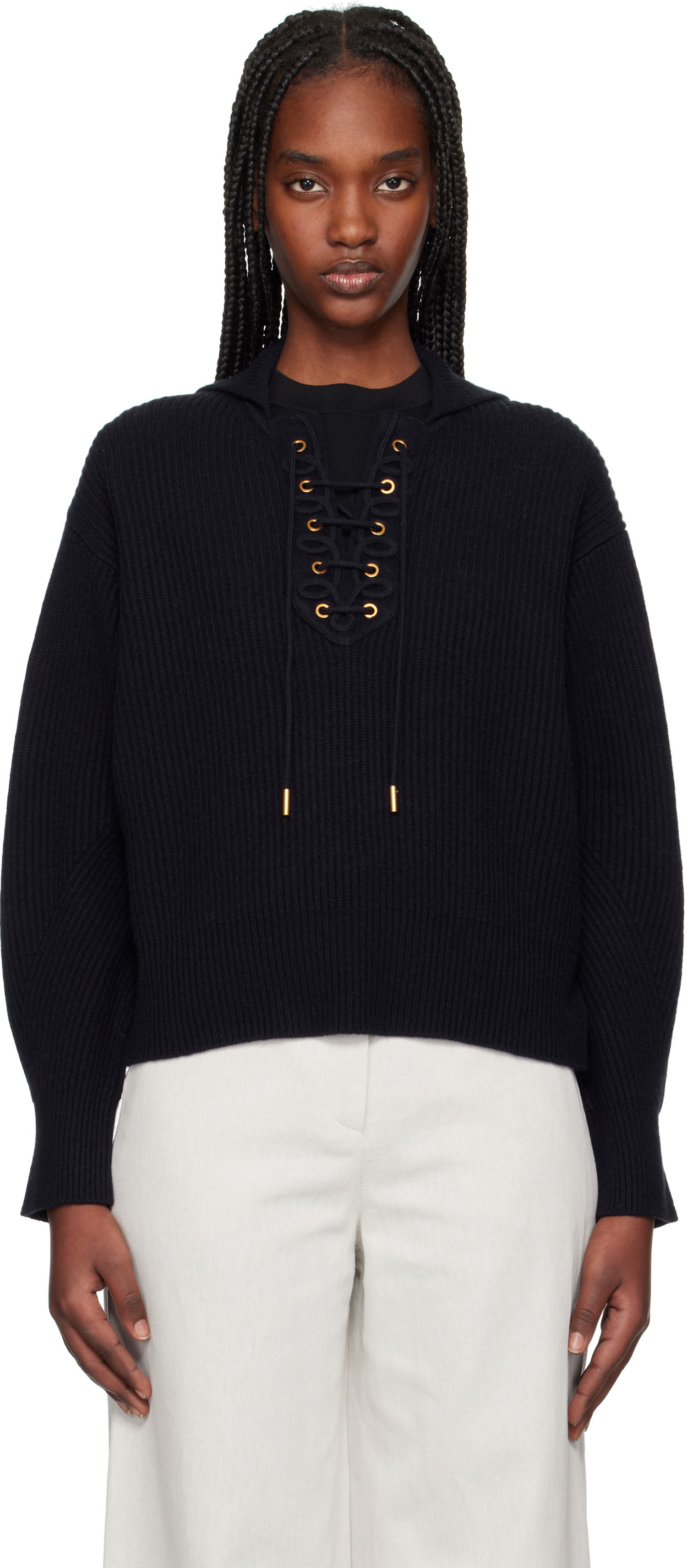 Sveter Max Mara Max Mara Eccelso Lace-Up Ribbed Knit Hoodie Navy | 2511361161600, 0