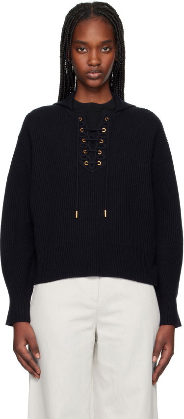 Sveter Max Mara Max Mara Eccelso Lace-Up Ribbed Knit Hoodie Navy | 2511361161600, 0