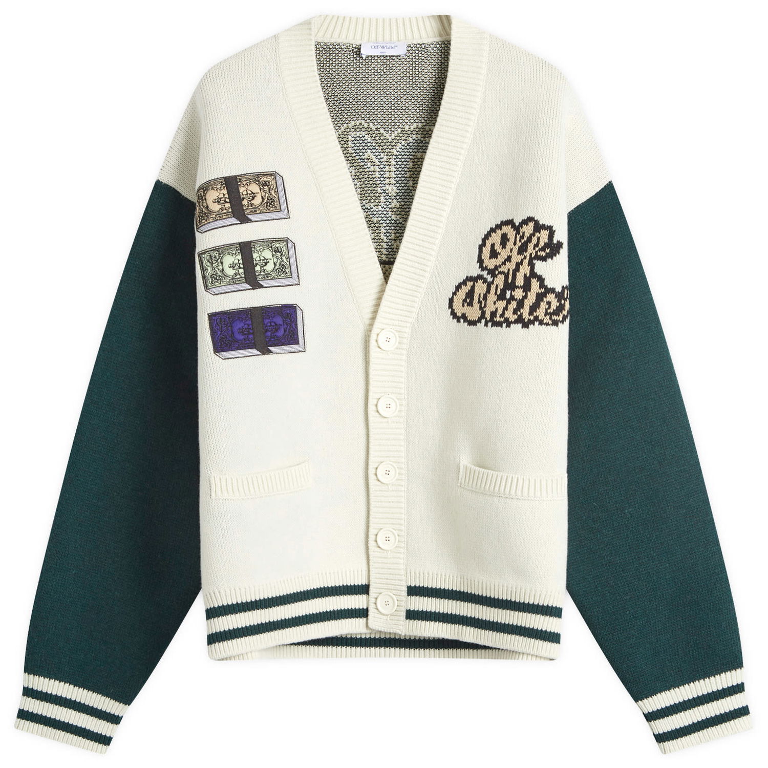 Sveter Off-White Crystal Cash Varsity Cardigan Biela | OMHB019S25KNI0030B84, 1