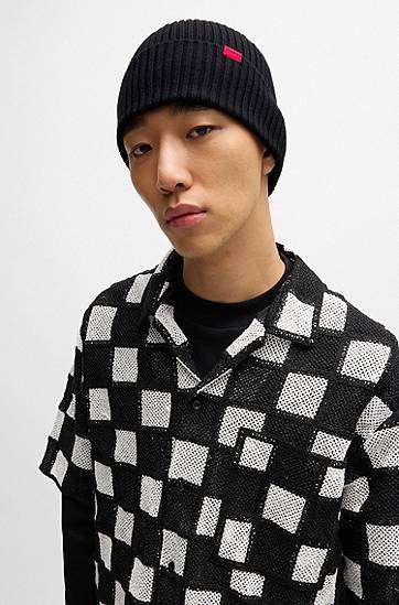 Kulicha BOSS Virgin-Wool Ribbed Beanie with Logo Label Čierna | 50524570, 1