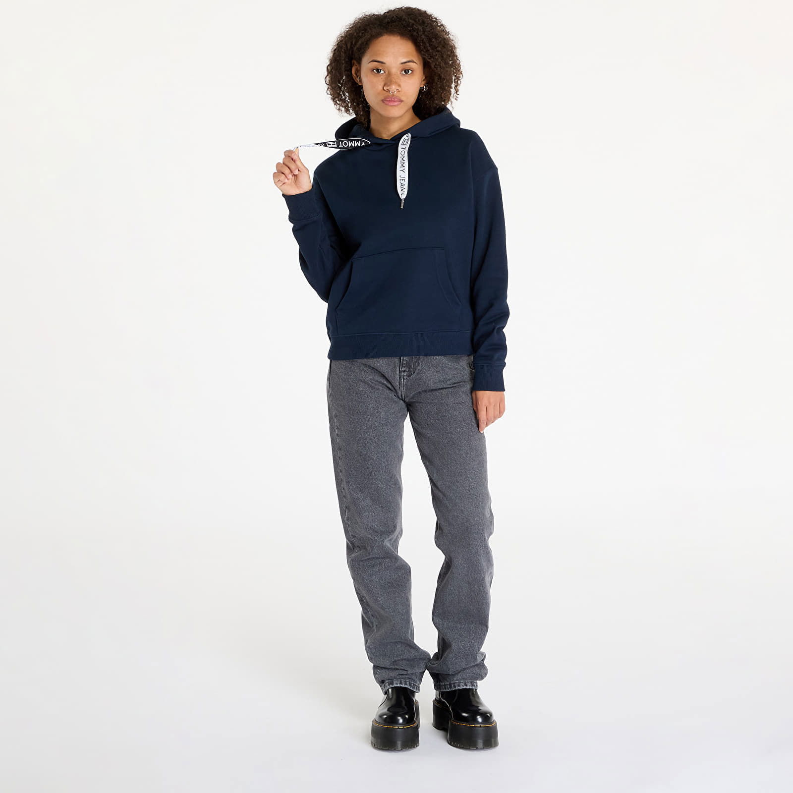 Boxy Logo Drawcord Hoodie Navy