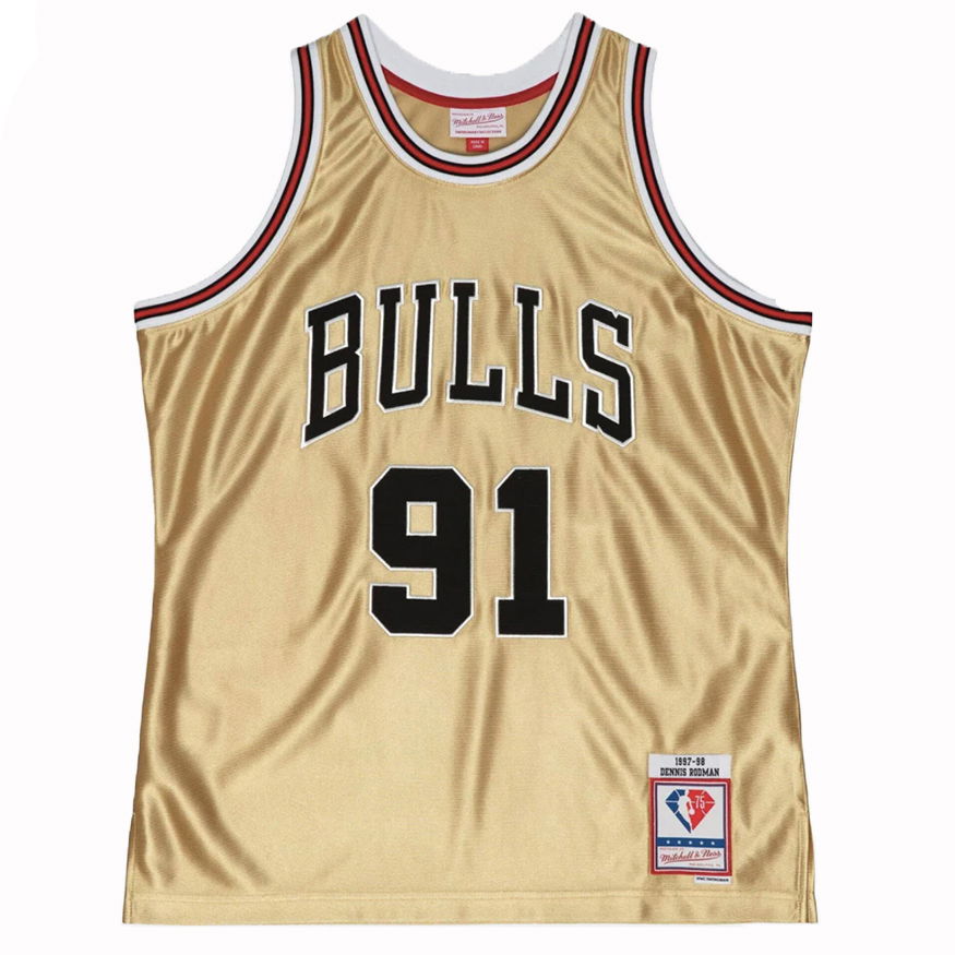 Dres Mitchell & Ness Chicago Bulls Dennis Rodman 75th Swingman Jersey Metalická | SMJY4398-CBU97DRDGOLD, 0