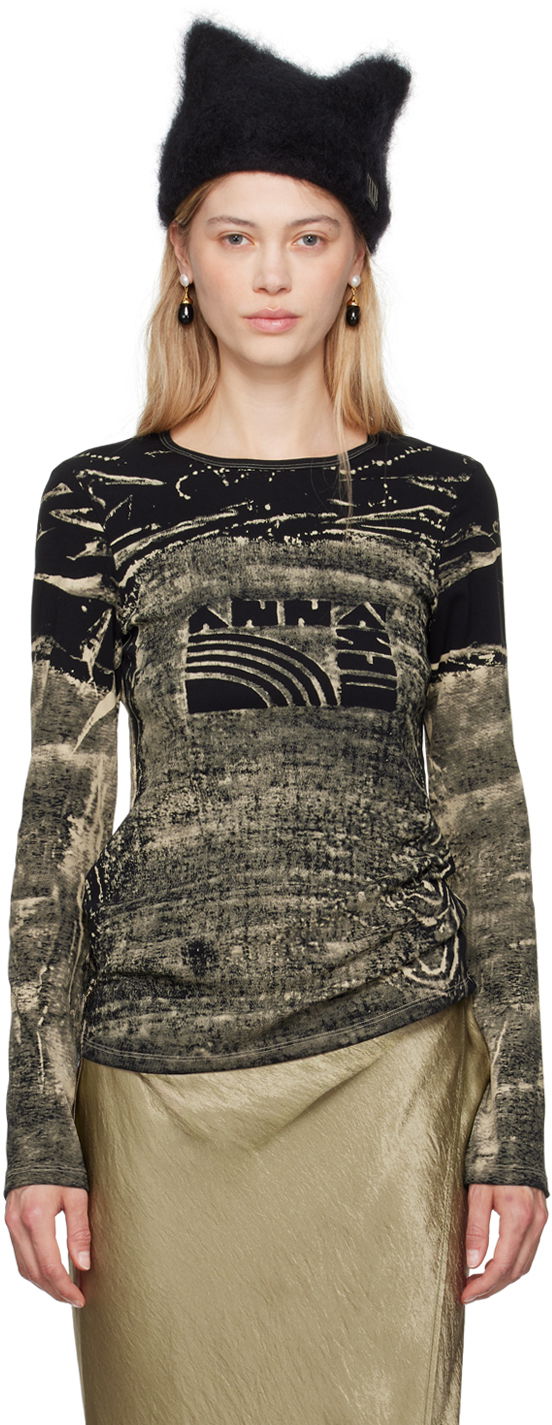 Anna Sui Bleached Long Sleeve T-Shirt with Logo Print