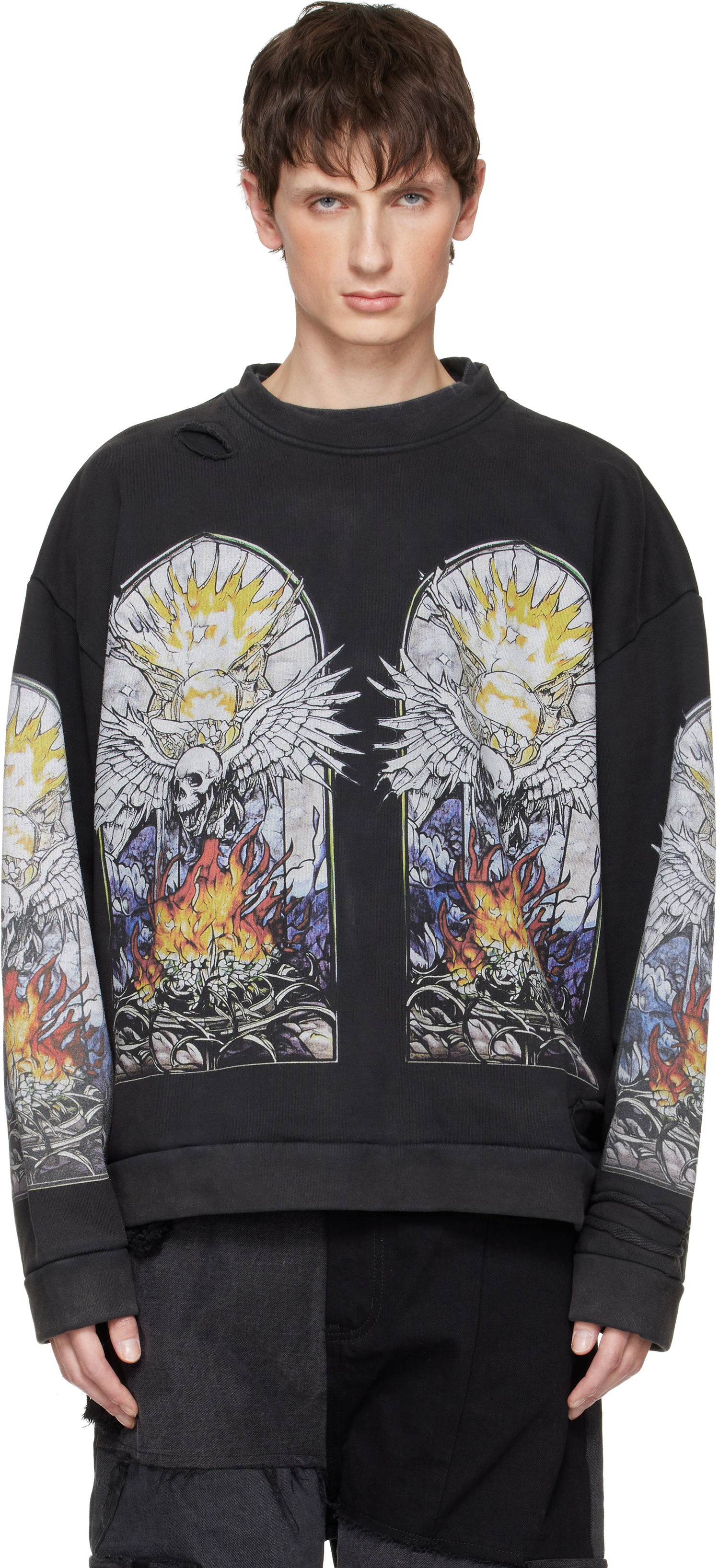 Mikina Who Decides War Distressed Stained Glass Winged Skull Flame Pullover Sweatshirt Čierna | 1110580002FW25, 0
