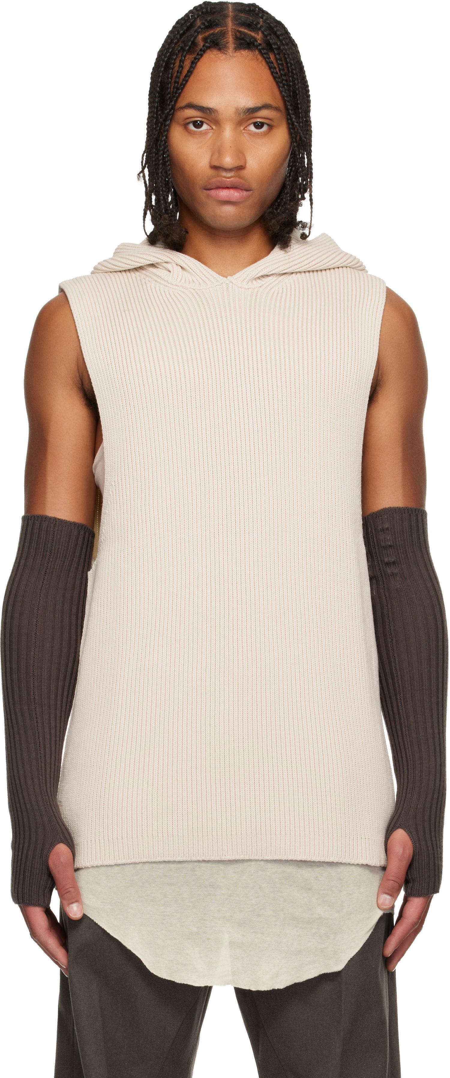 Mikina Rick Owens Rick Owens Ribbed Sleeveless Hoodie with Arm Sleeves Béžová | RR02E1680 KWVH, 0