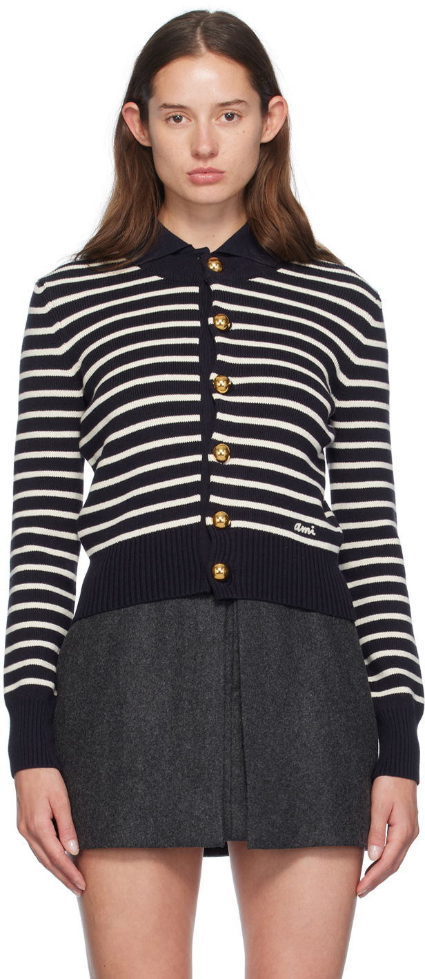 Sveter AMI Striped Cardigan Biela | FKC039.KN0061, 0