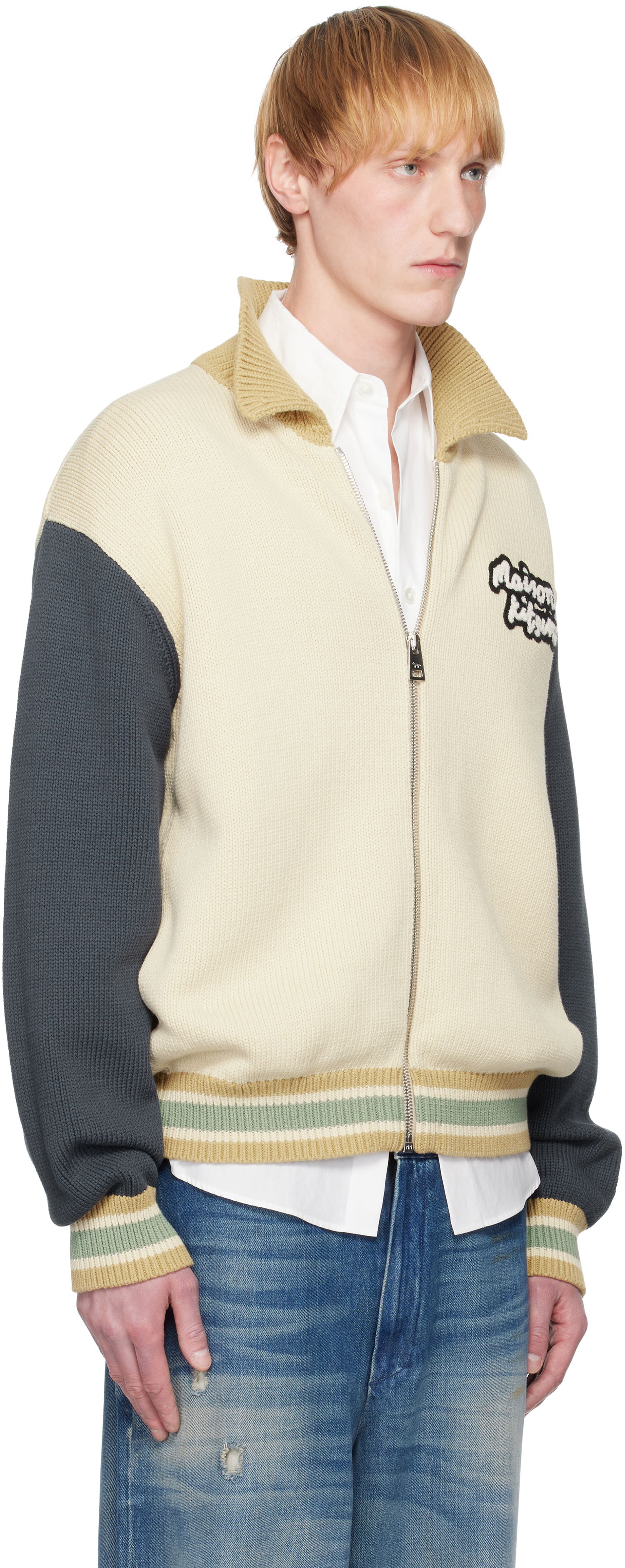 Sveter MAISON KITSUNÉ Maison Kitsuné Knitted College Bomber Jacket Béžová | OM02131KT1139, 1