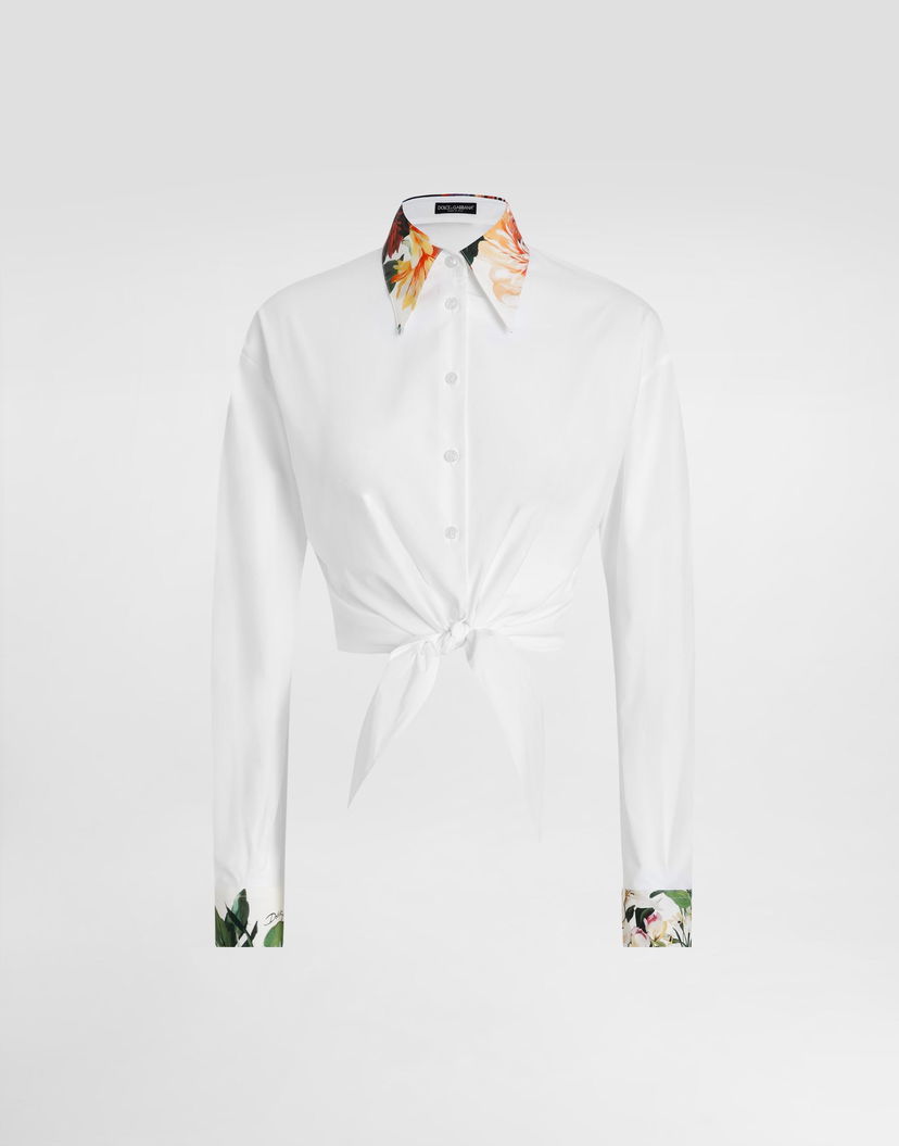 Košeľa Dolce & Gabbana Dolce & Gabbana Bouquet-Print Tie-Front Poplin Shirt Biela | F5S65TGDDCNW0800