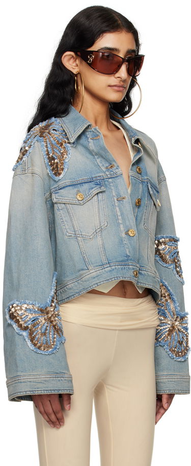Bunda Blumarine Blumarine Butterfly Appliqué Cropped Denim Jacket Modrá | P444J081A, 1