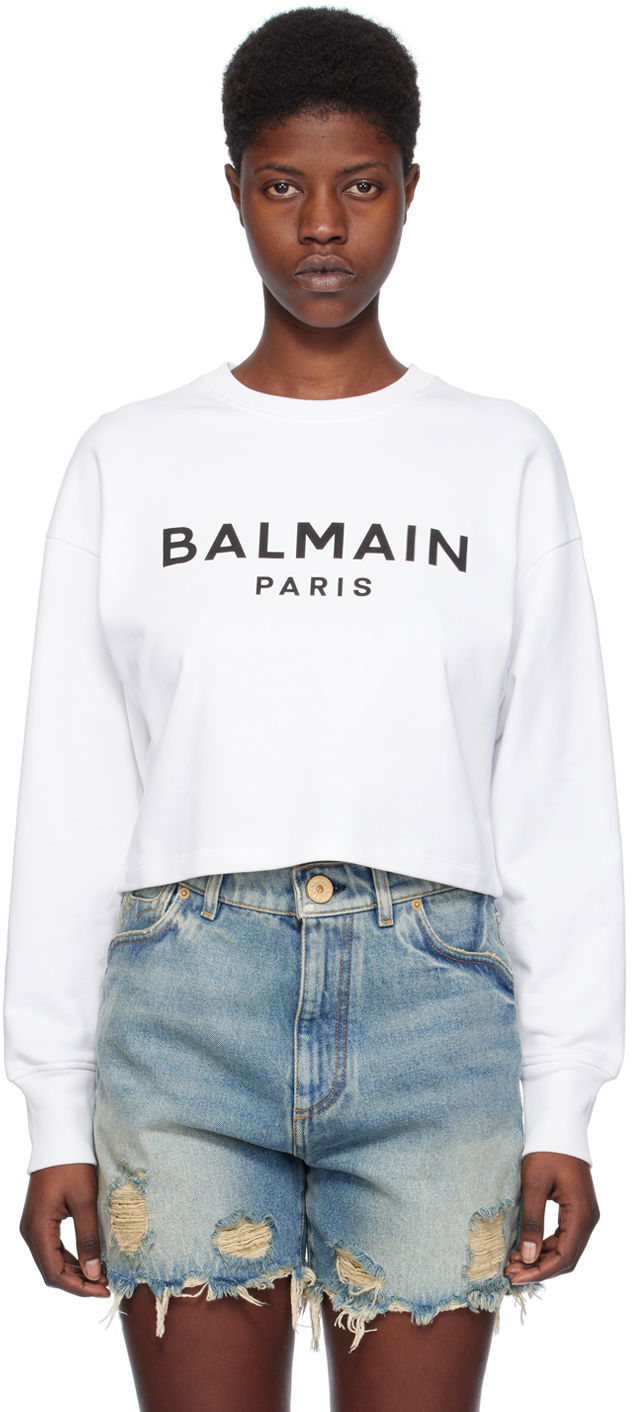 Mikina Balmain Printed Sweatshirt Biela | CF1JO065BB02