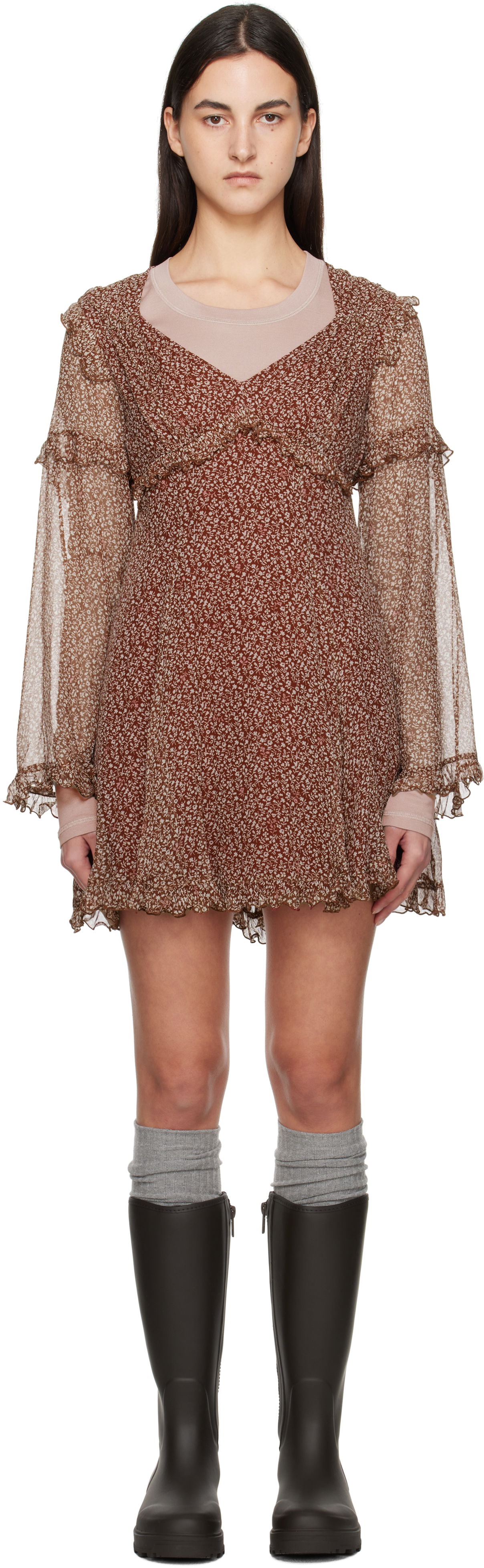 Šaty Max Mara Weekend Floral Print Ruffle Mini Dress Hnedá | 2425226013600, 0