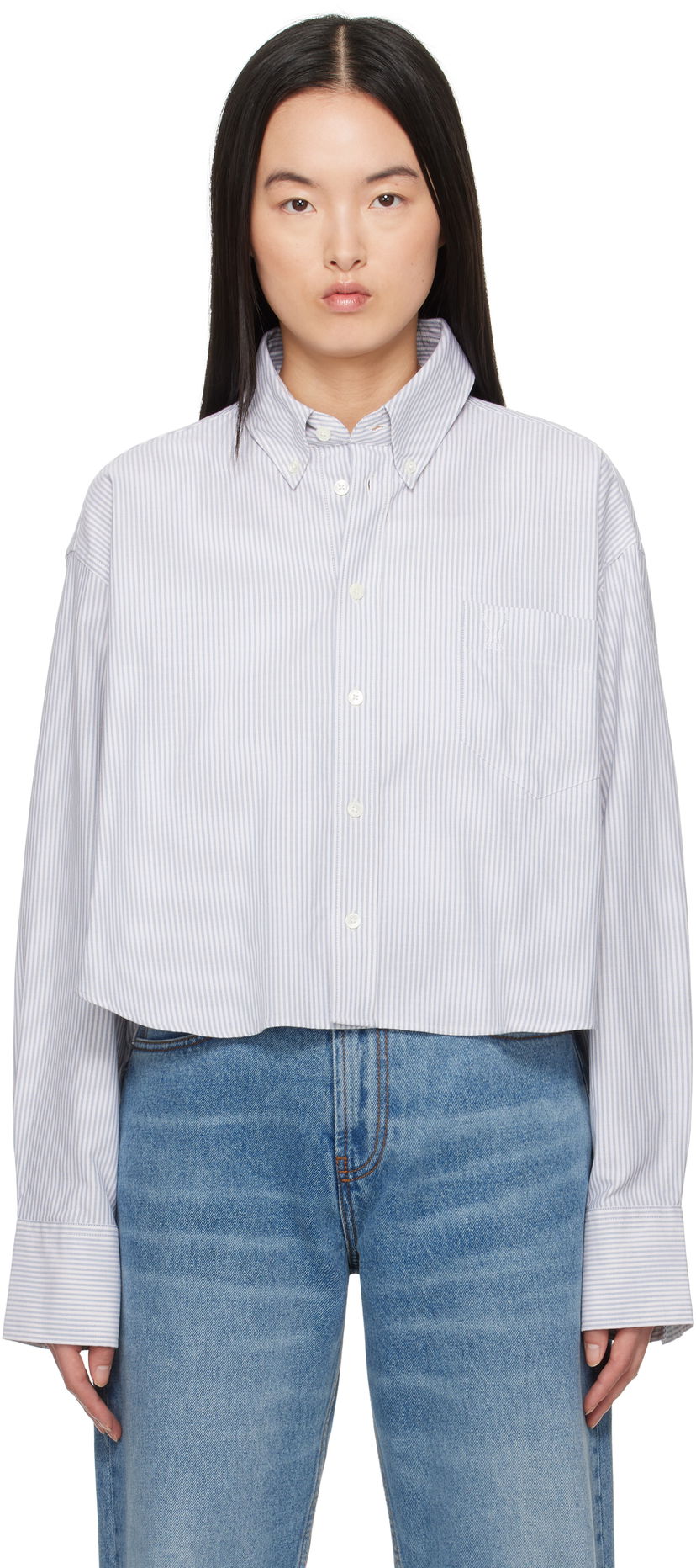 Košeľa AMI Cotton Cropped Oversized Striped Button-Down Shirt Modrá | USH123.CO0087