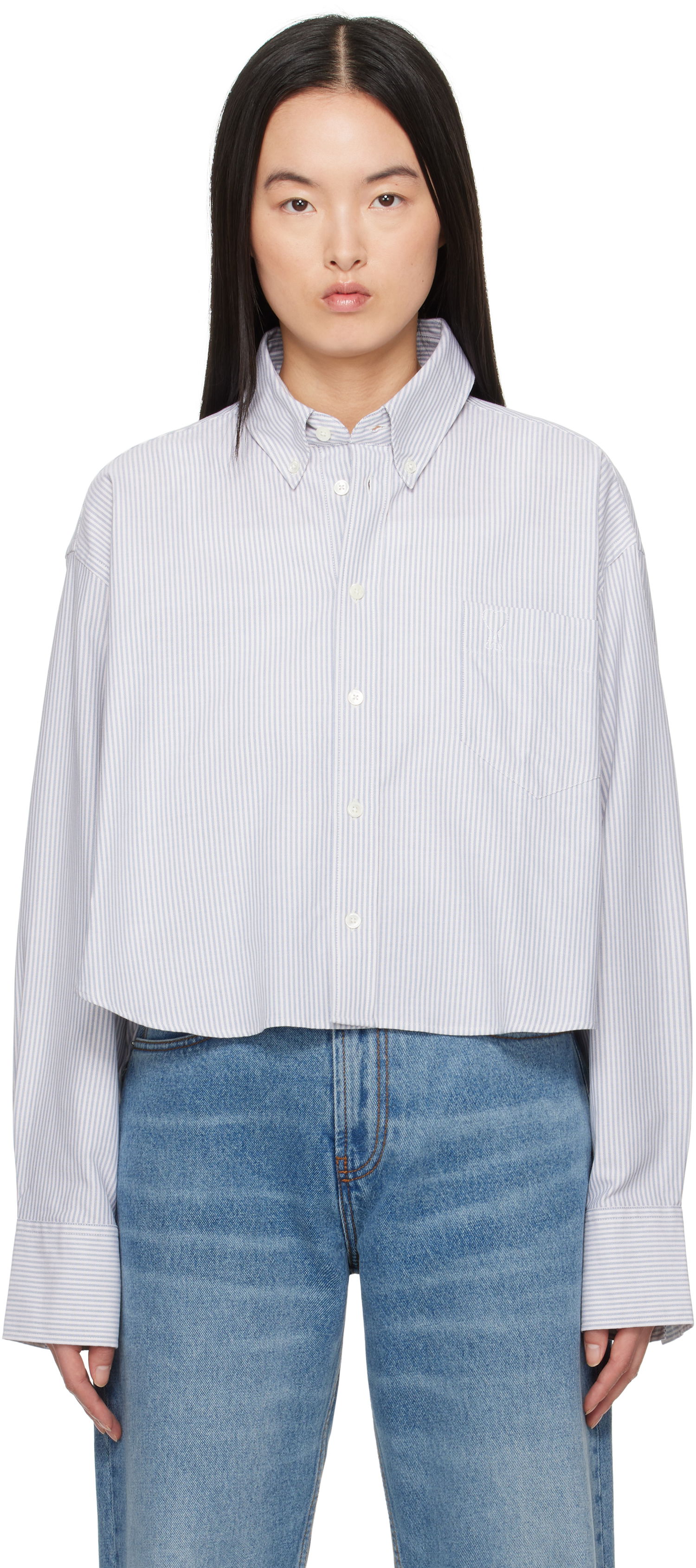 Košeľa AMI Cotton Cropped Oversized Striped Button-Down Shirt Modrá | USH123.CO0087, 0