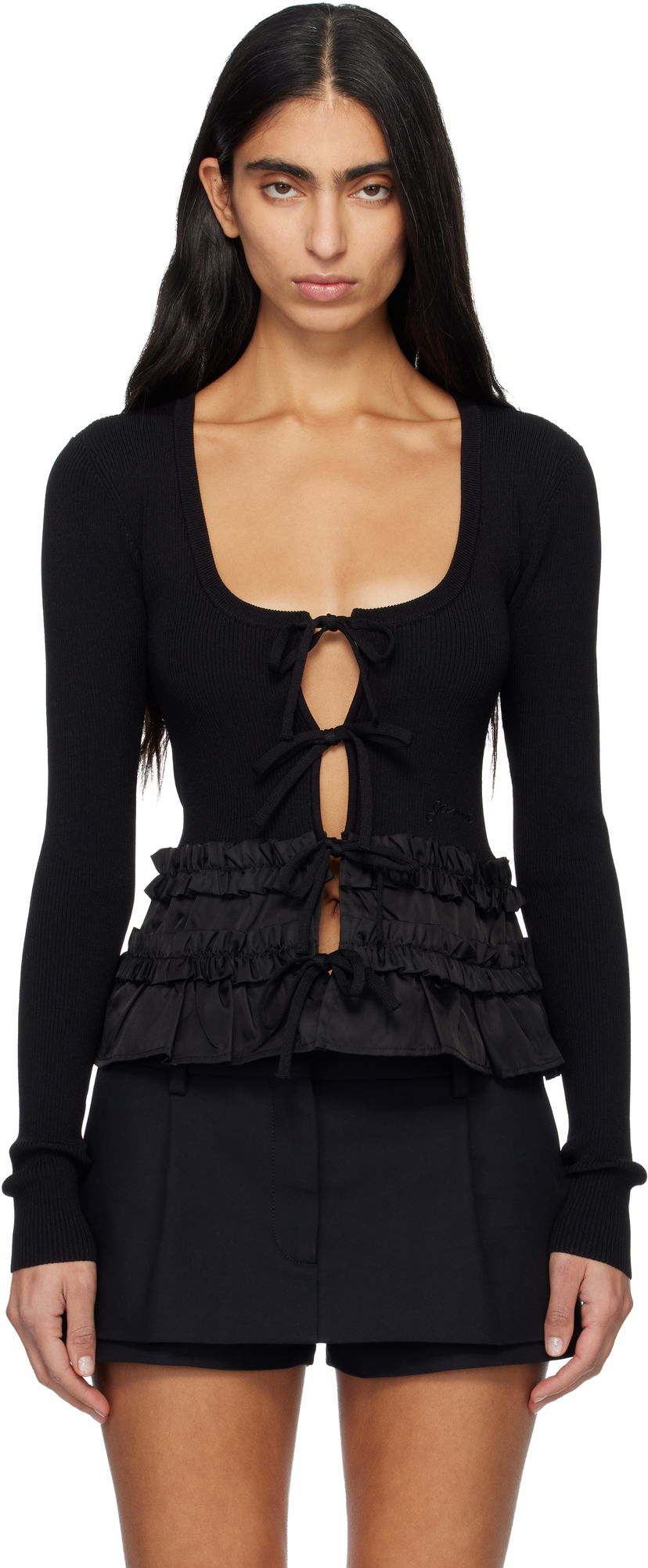 Sveter GANNI Ribbed Tie-Front Ruffled Knit Cardigan Čierna | K2510