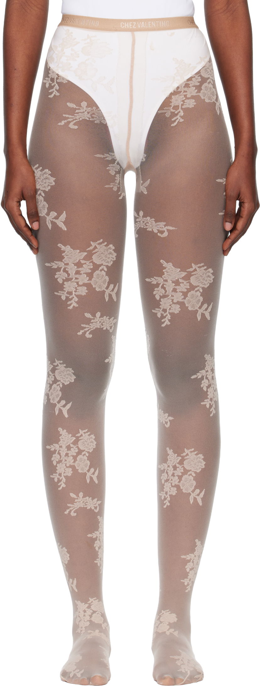Ponožky Valentino Sheer Floral Lace Lycra Tights Béžová | 7B0KI04Y9LV