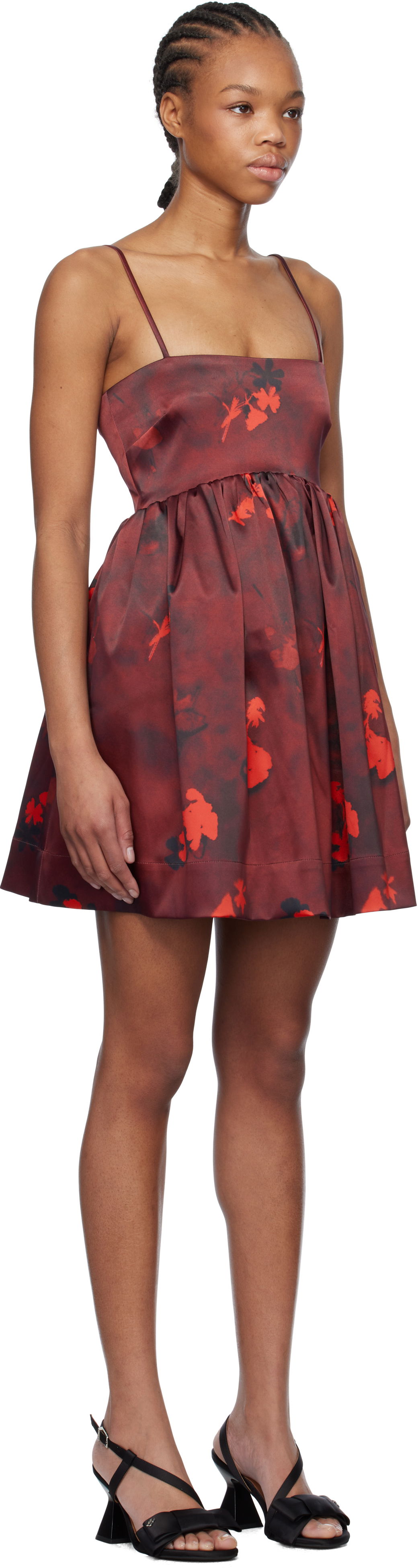 Šaty GANNI GANNI Floral Print Satin Strap Mini Dress Červená | W0000, 1
