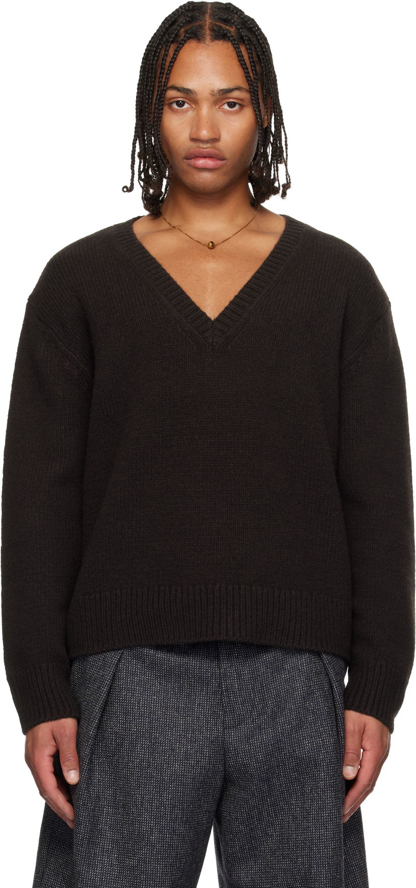 Sveter Dries Van Noten V-Neck Merino Wool Sweater Hnedá | 252-021246-2710